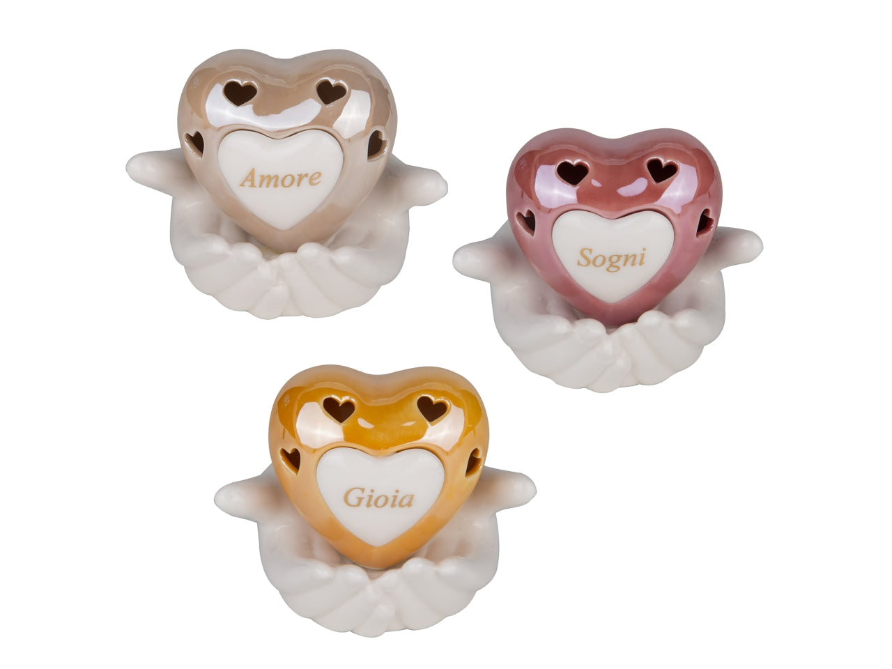 Pensiero cuore su mani in porcellana e led 10x9cm, 3colori assortiti