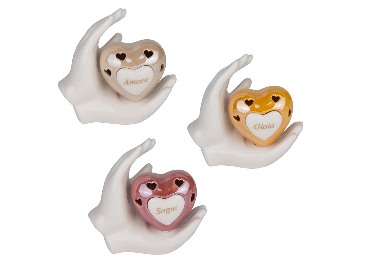 Pensiero mani arco con cuore in porcellana e led 13xh.13cm, 3colori assortiti