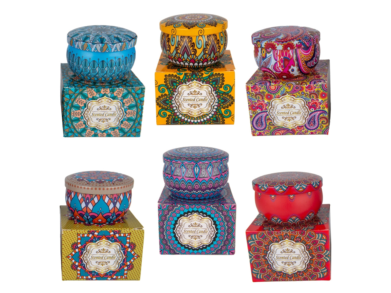 Mosaico candela con scatola in latta decorata diametro 6cm in 6 assortimenti