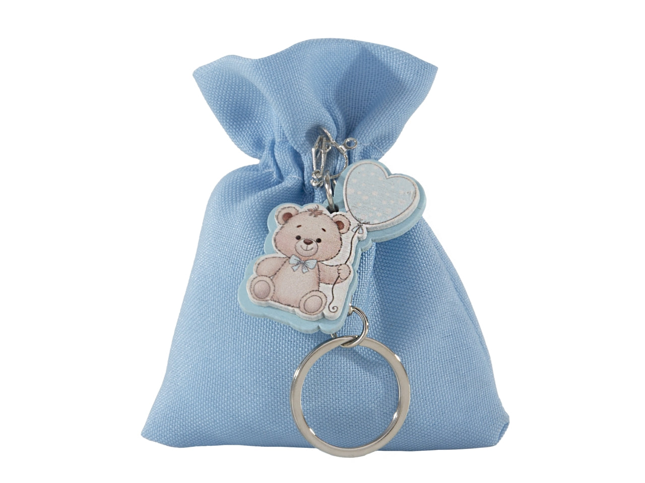 Toys sacchetto portaconfetti 8x10cm celeste con portachiavi orsetto