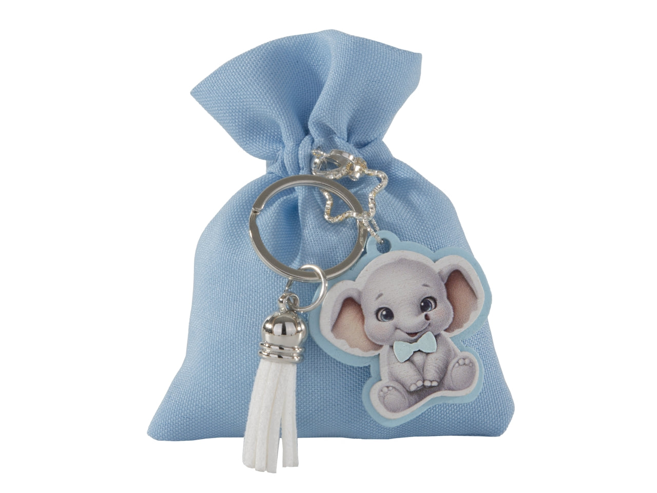 Toys sacchetto portaconfetti 8x10cm celeste con portachiavi elefanta