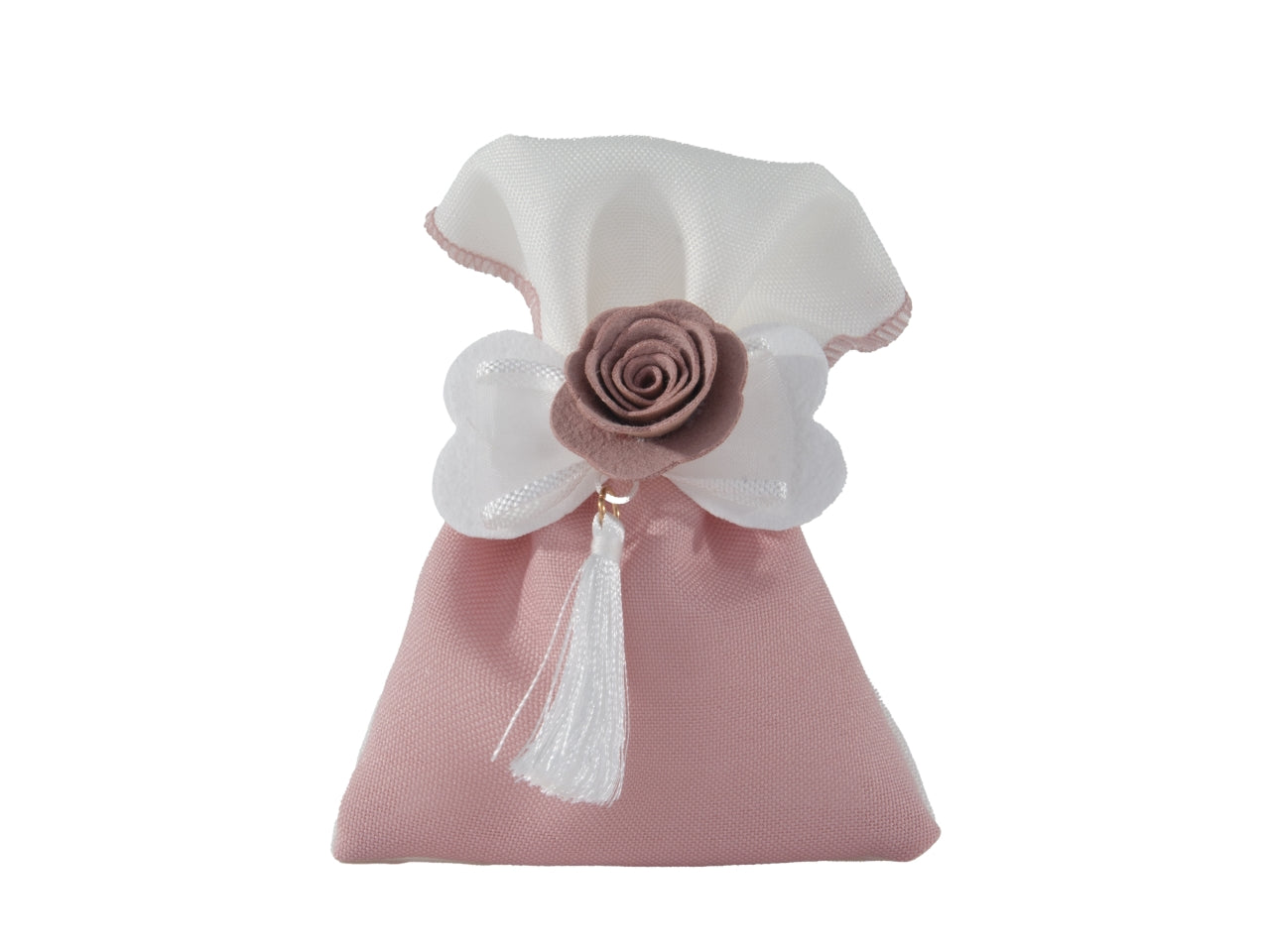Epoque sacchetto portaconfetti in tessuto 10x13cm con fiocco e rosellina rosa antico