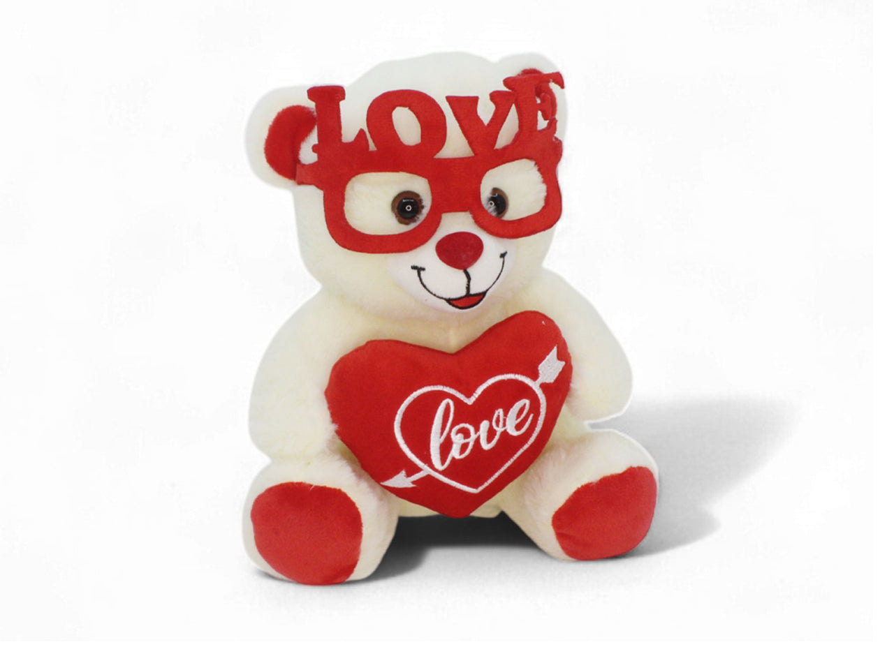 Orso in peluche 25cm bianco con occhiali love e cuore