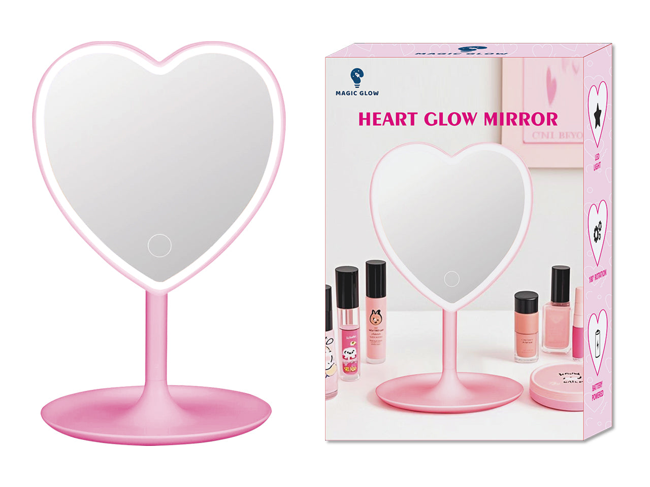 Heart glow stand specchio luce led bianco d.14xh.27cm a batteria