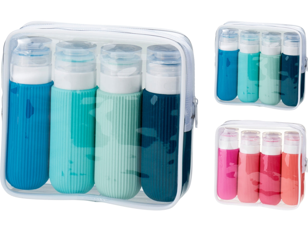 Flaconi da viaggio 5 pezzi con pochette trasparente, colori assortiti