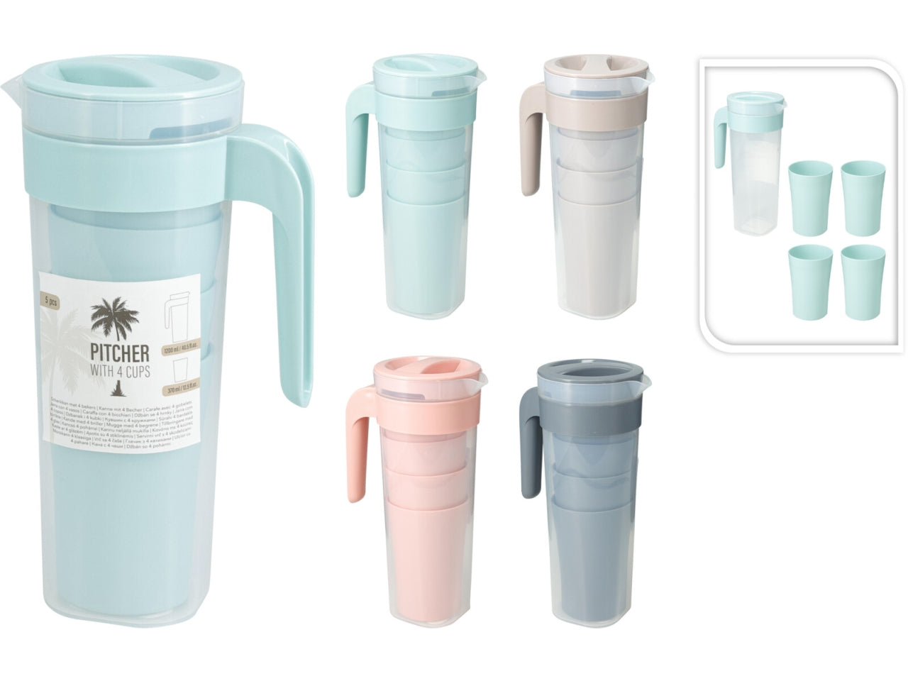 Caraffa con 4 bicchieri in 4 colori assortiti