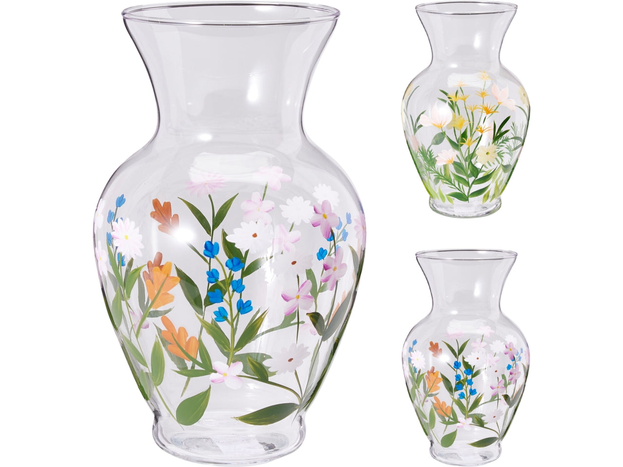 Vaso in vetro trasparente con decori floreali 12x20cm, 2 assortimenti
