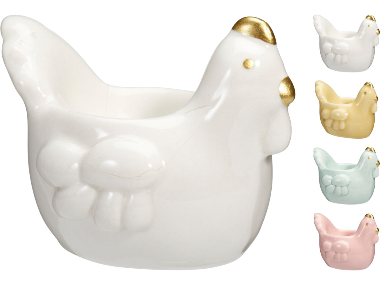 Portauovo a gallina in porcellana 9x7cm, 4 colori assortiti