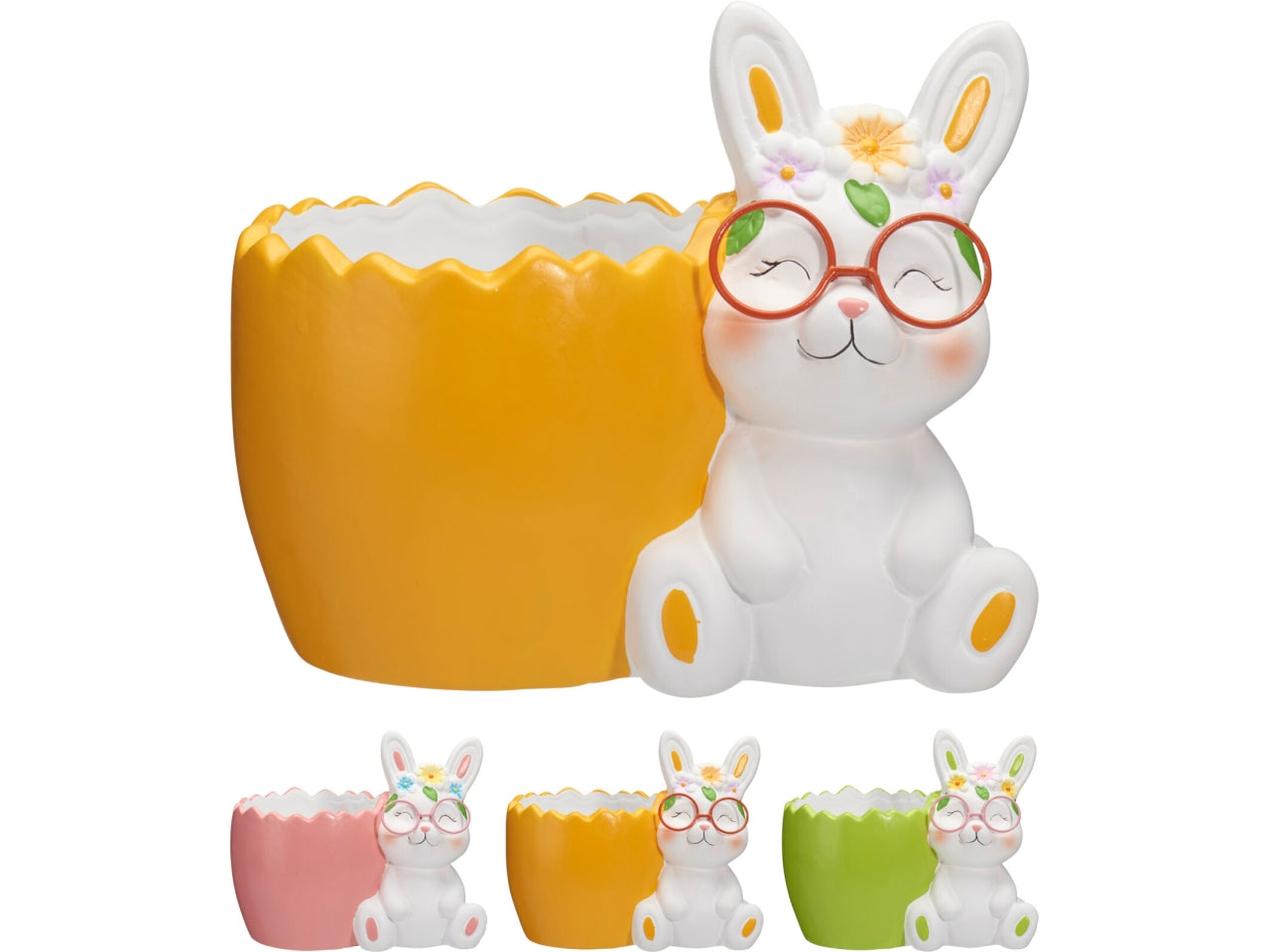 Coniglio con vaso colorato 17x14cm, 3 assortimenti