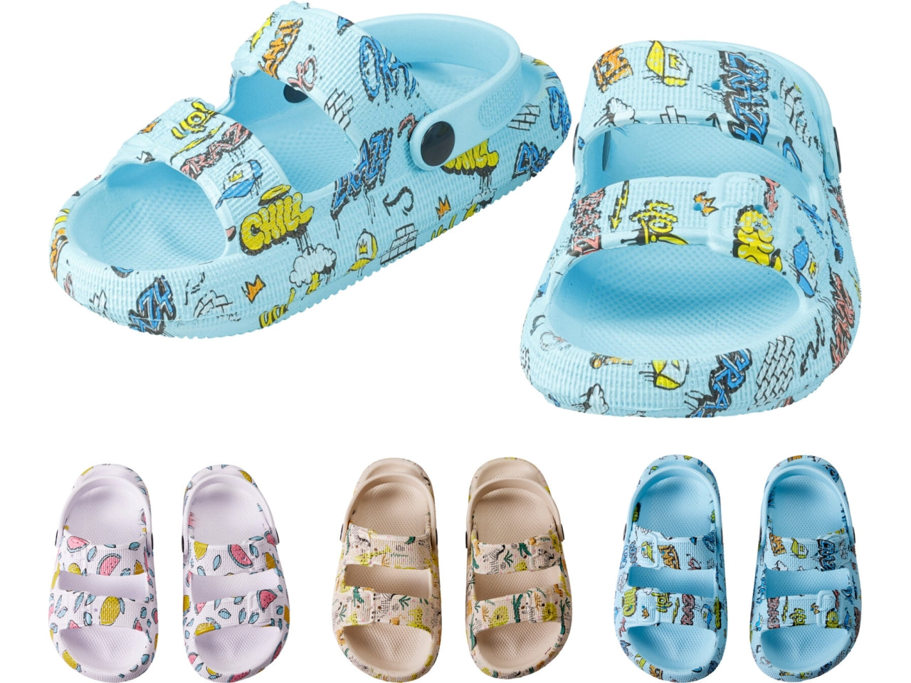 Ciabatta a doppia fascia da bimbo, taglia dalla 24 alla 29 in 3 colori assortiti