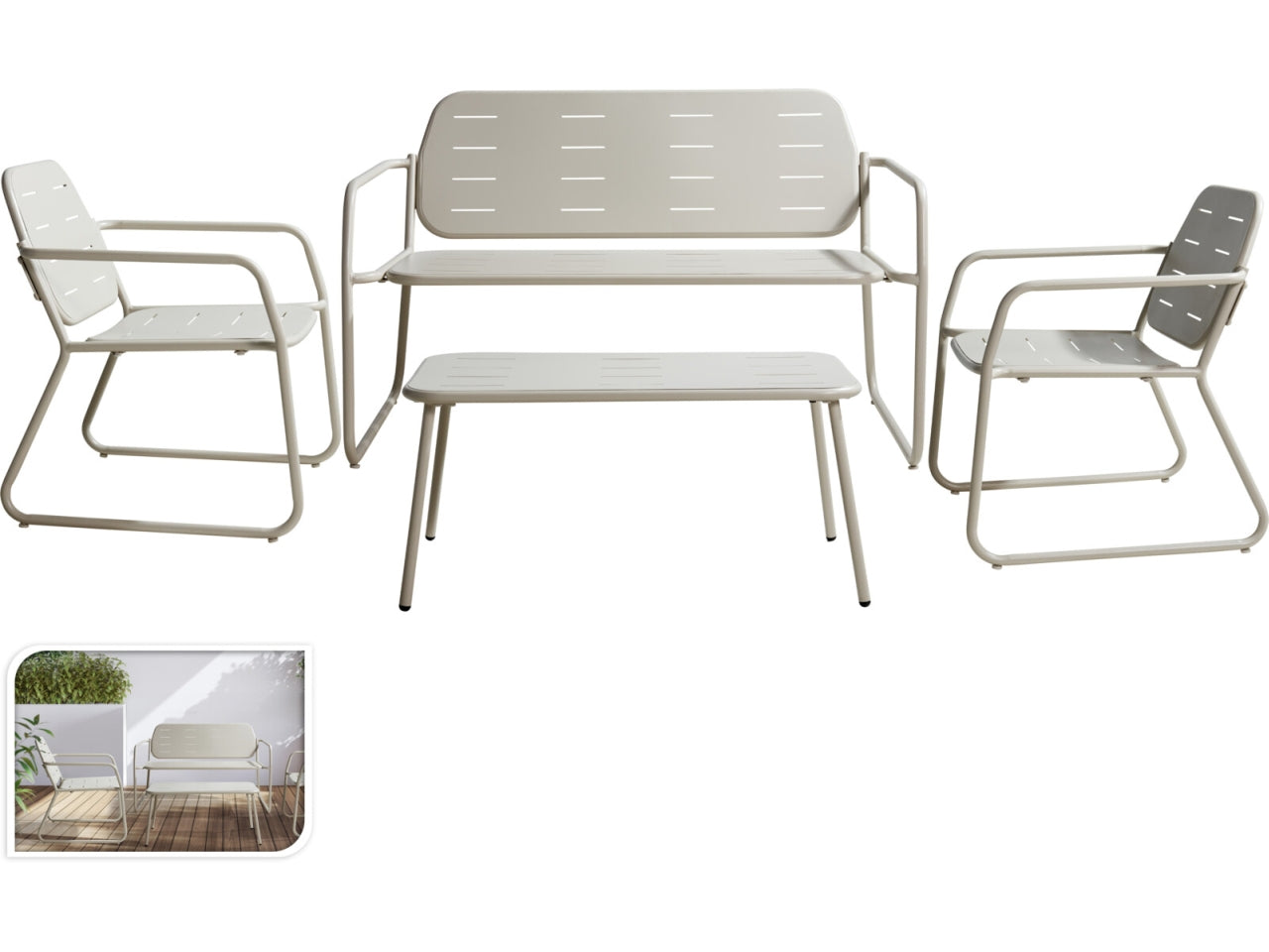 Set giardino ecru con 2 sedie 1 panchina e 1 tavolino