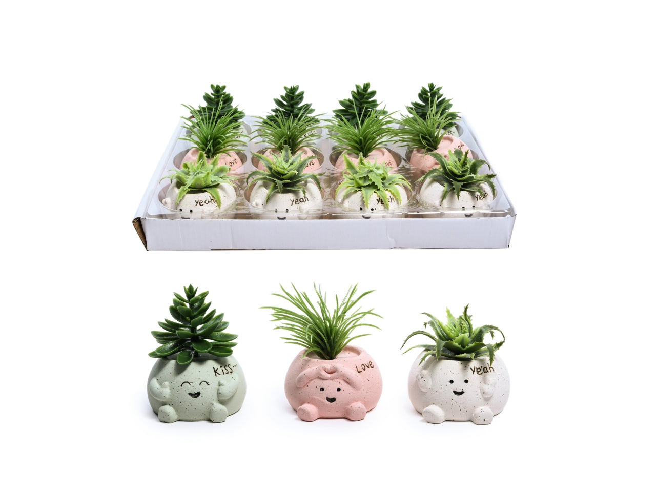 Piantina artificiale in vaso di cemento con faccina d.7xh.7,5cm in colori assortiti