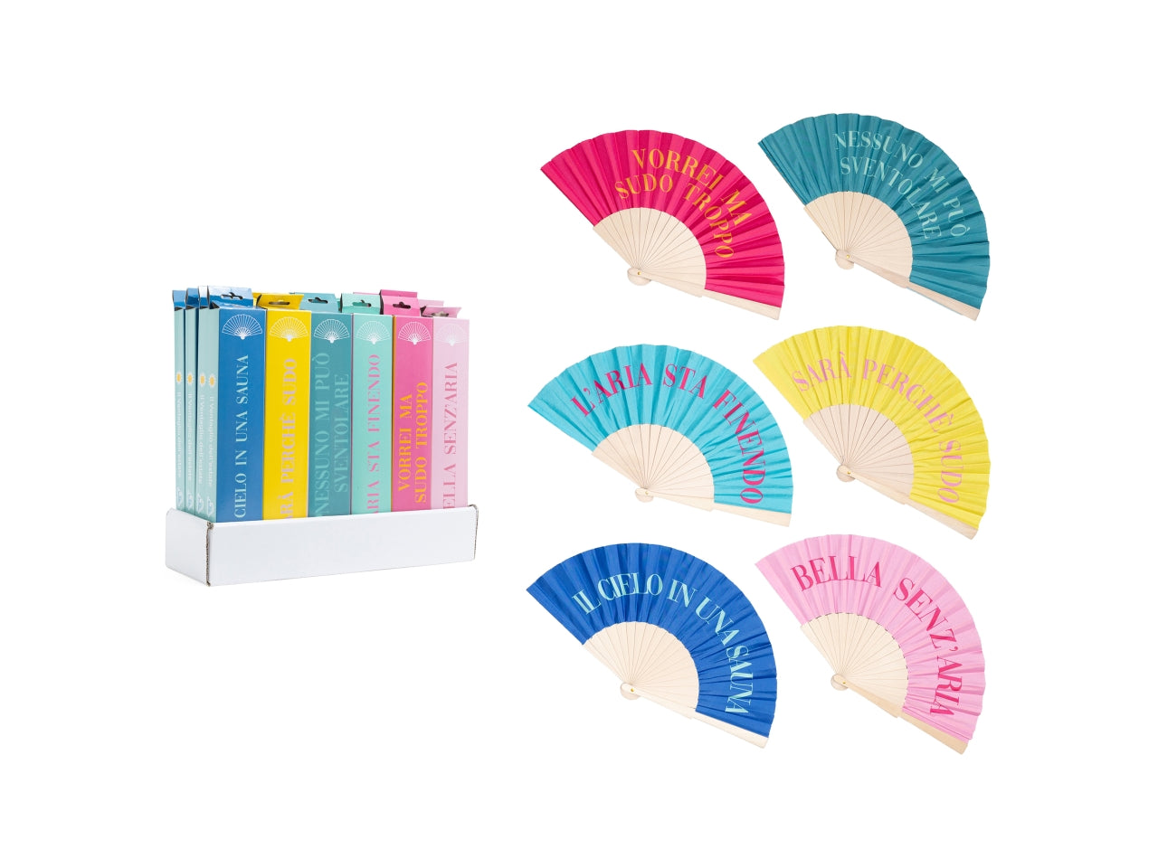 Ventaglio in poliestere con scritte e colori assortite