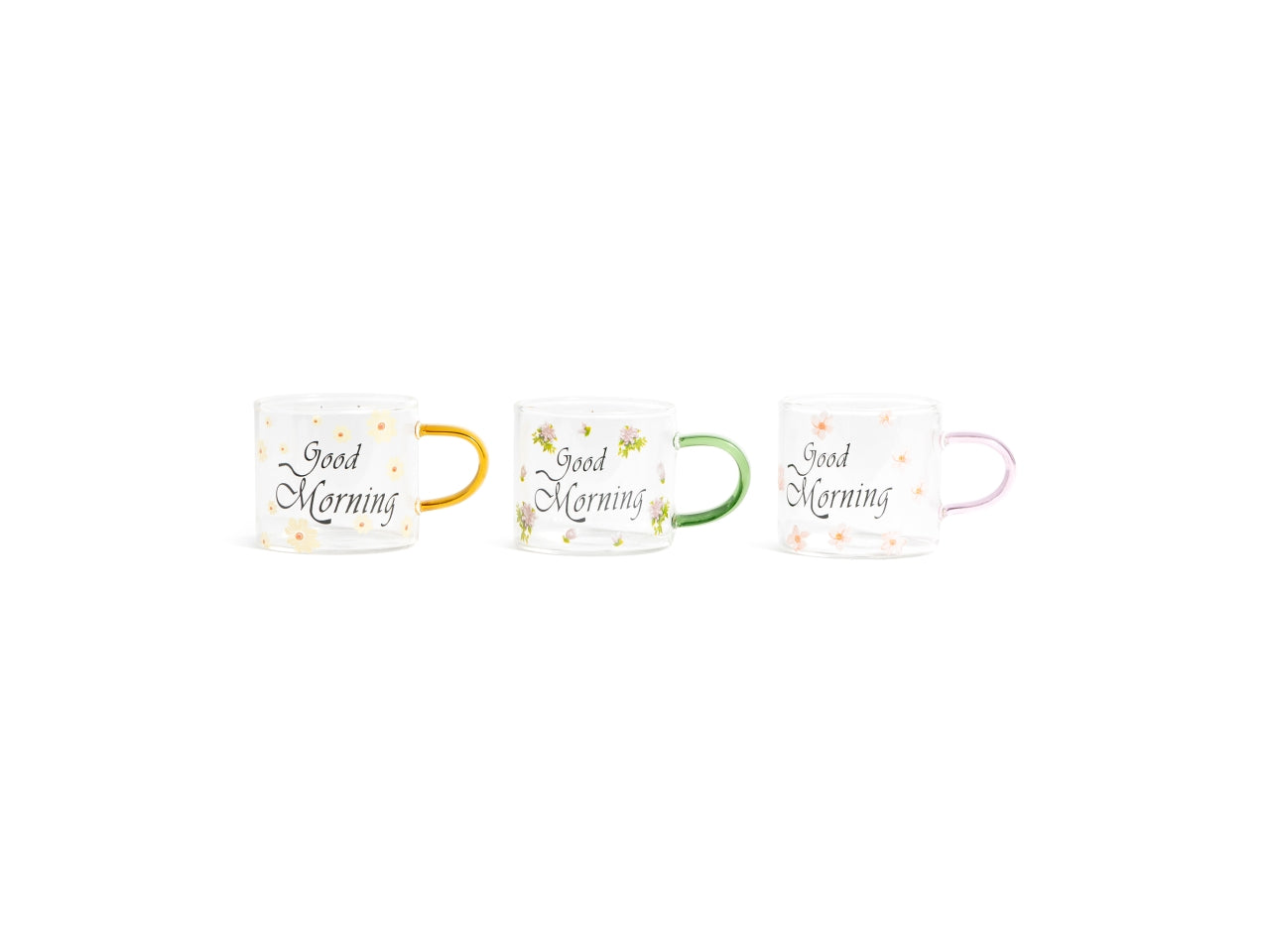 Tazzina "good moning" in vetro borosilicato 100ml 7,5x5,5xh.5cm, colori assortiti