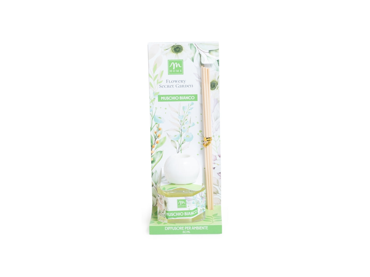 Diffusore con bacchette 50ml, fragranza muschio bianco
