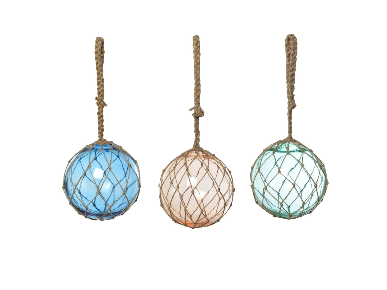 Sfera in vetro 13cm con rete in corda h.33cm, colori assortiti