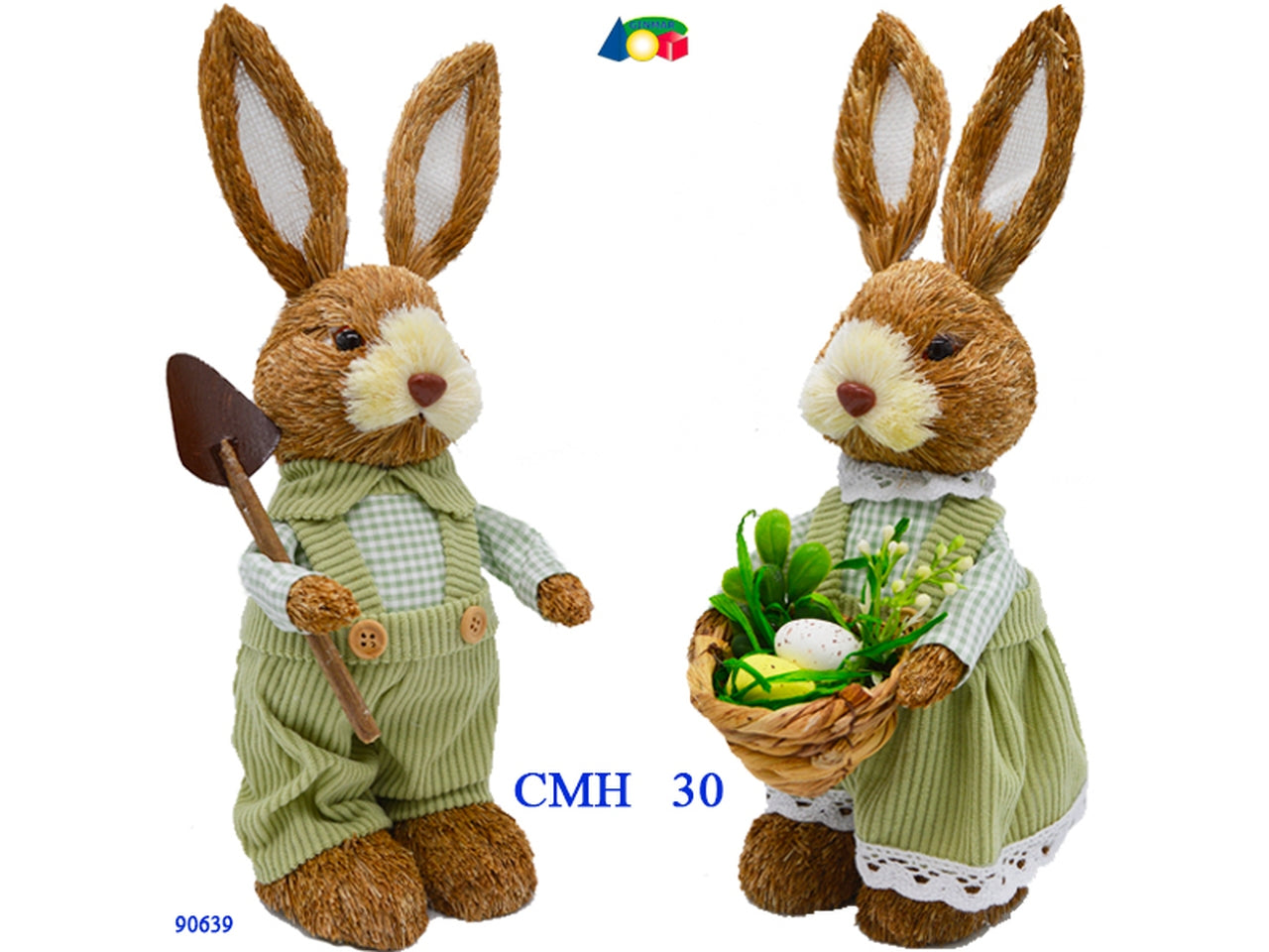 Coniglio paglia con vestito in velluto, vanga e cestino
