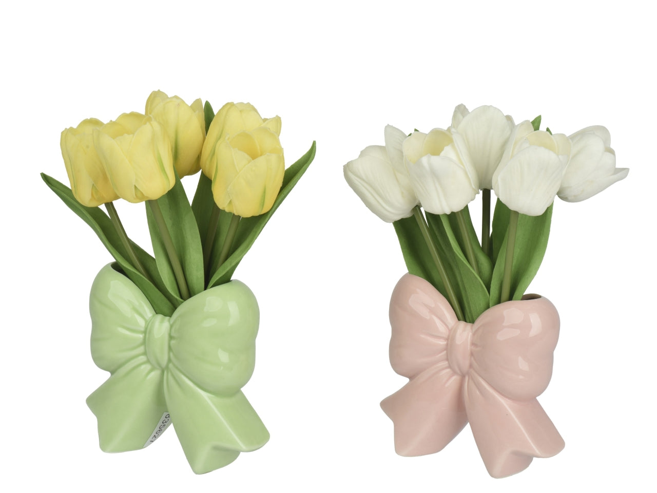 Vaso fiocco dolomite c/5 tulipani 2assortiti 13x5xh.23cm