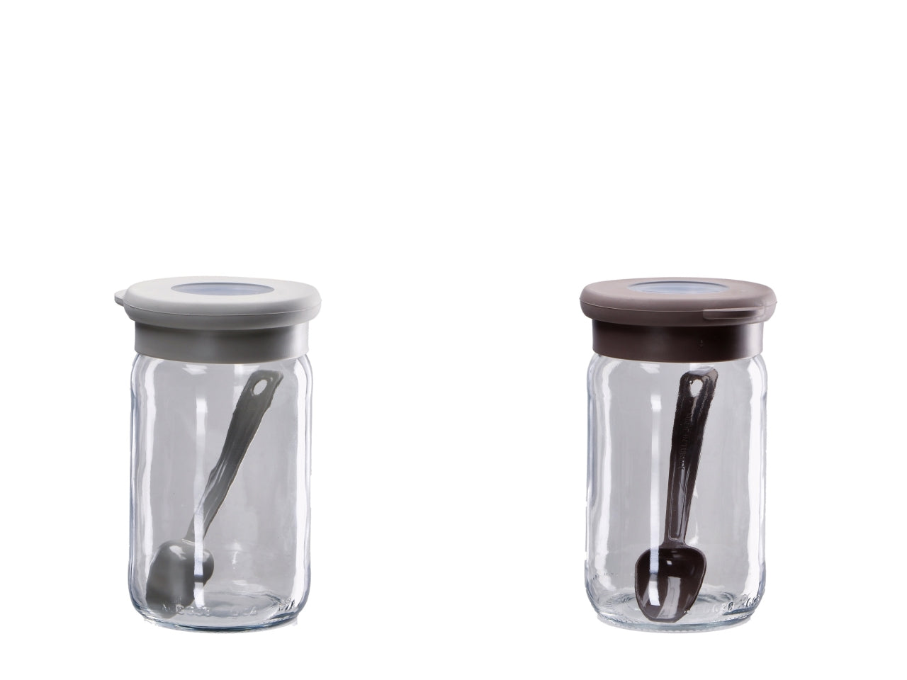 Barattolo in vetro con coperchio e cucchiaino 8xh.13cm, 2 colori assortiti