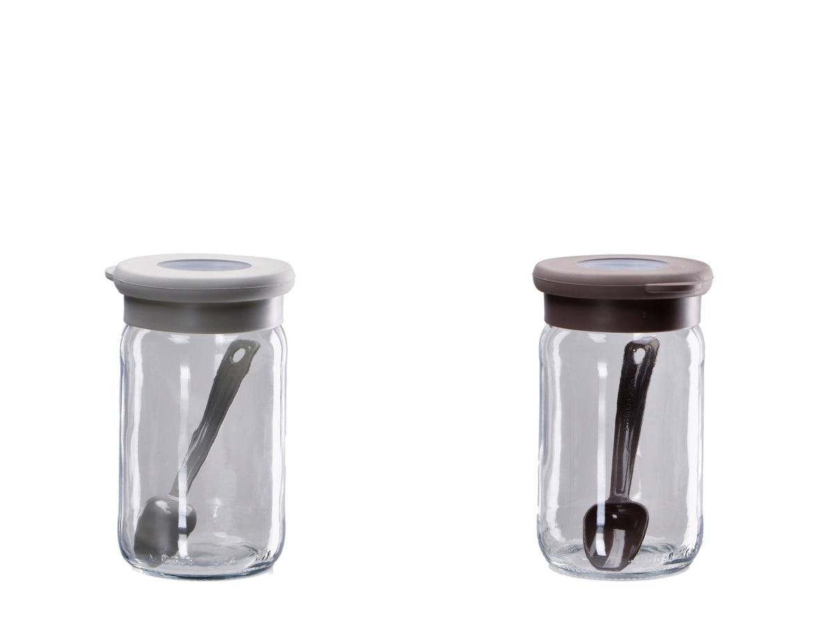Barattolo in vetro con coperchio e cucchiaino 8xh.13cm, 2 colori assortiti
