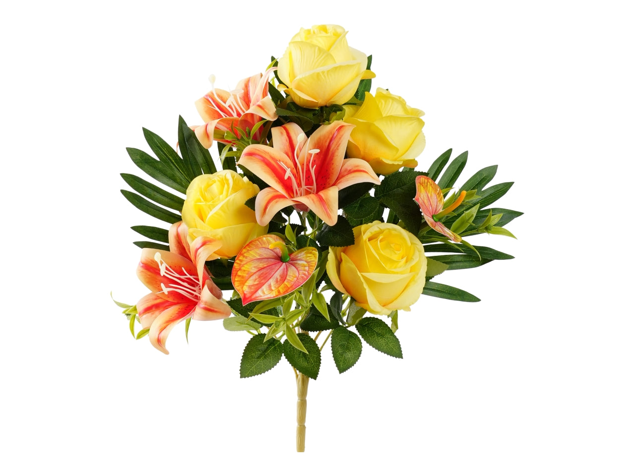 Mazzo 45cm rose/lilium/anthurium giallo