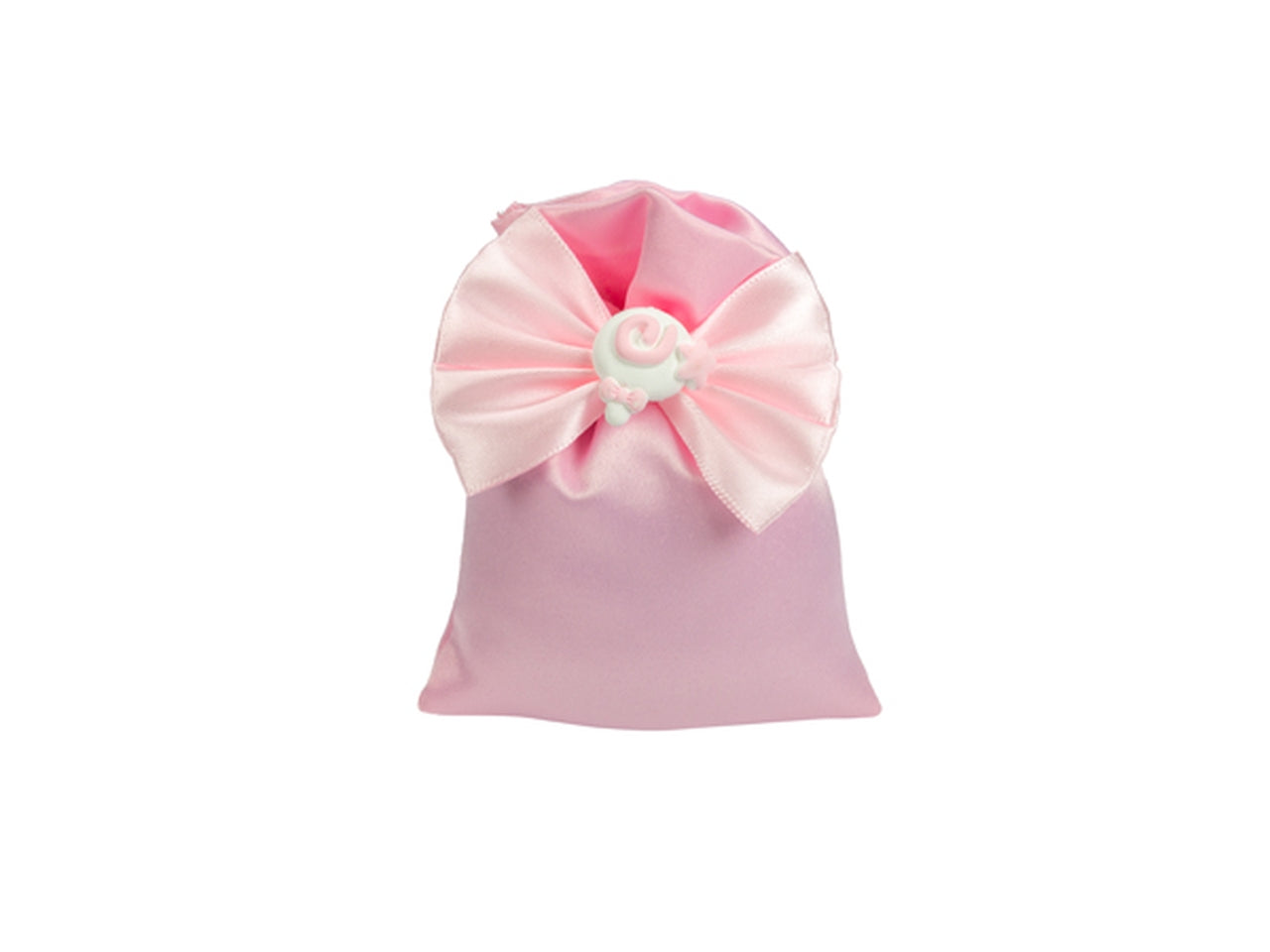 Sacchetto portaconfetti 10x13cm con fiocco e marshmallow in gesso rosa