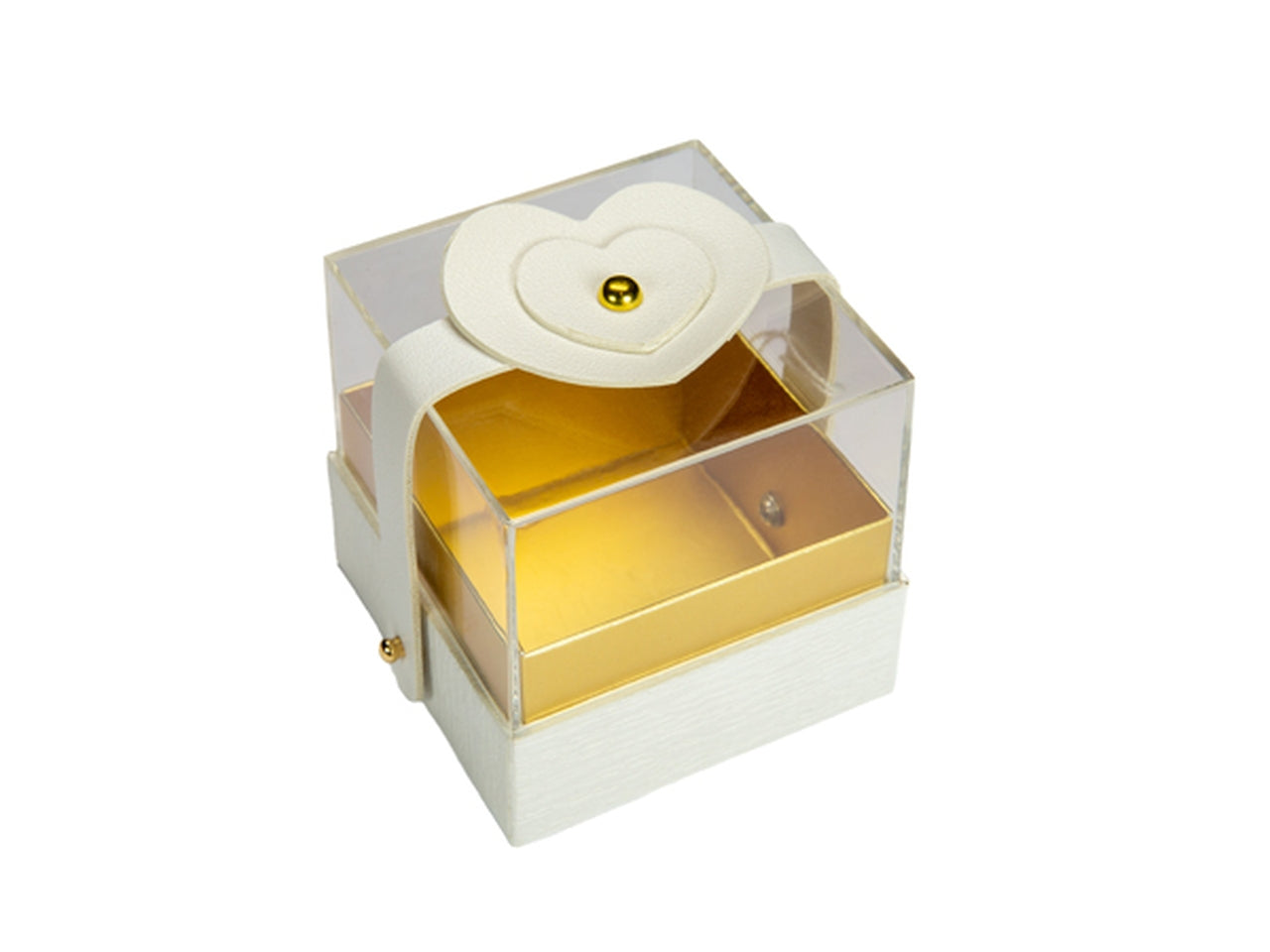 Scatola 8x8xh.8cm in pvc trasparente e cuore in ecopelle bianco