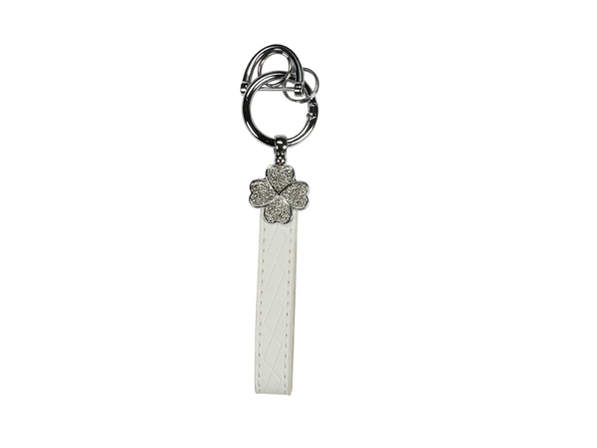 Portachiavi pelle bianco con quadrifoglio in strass