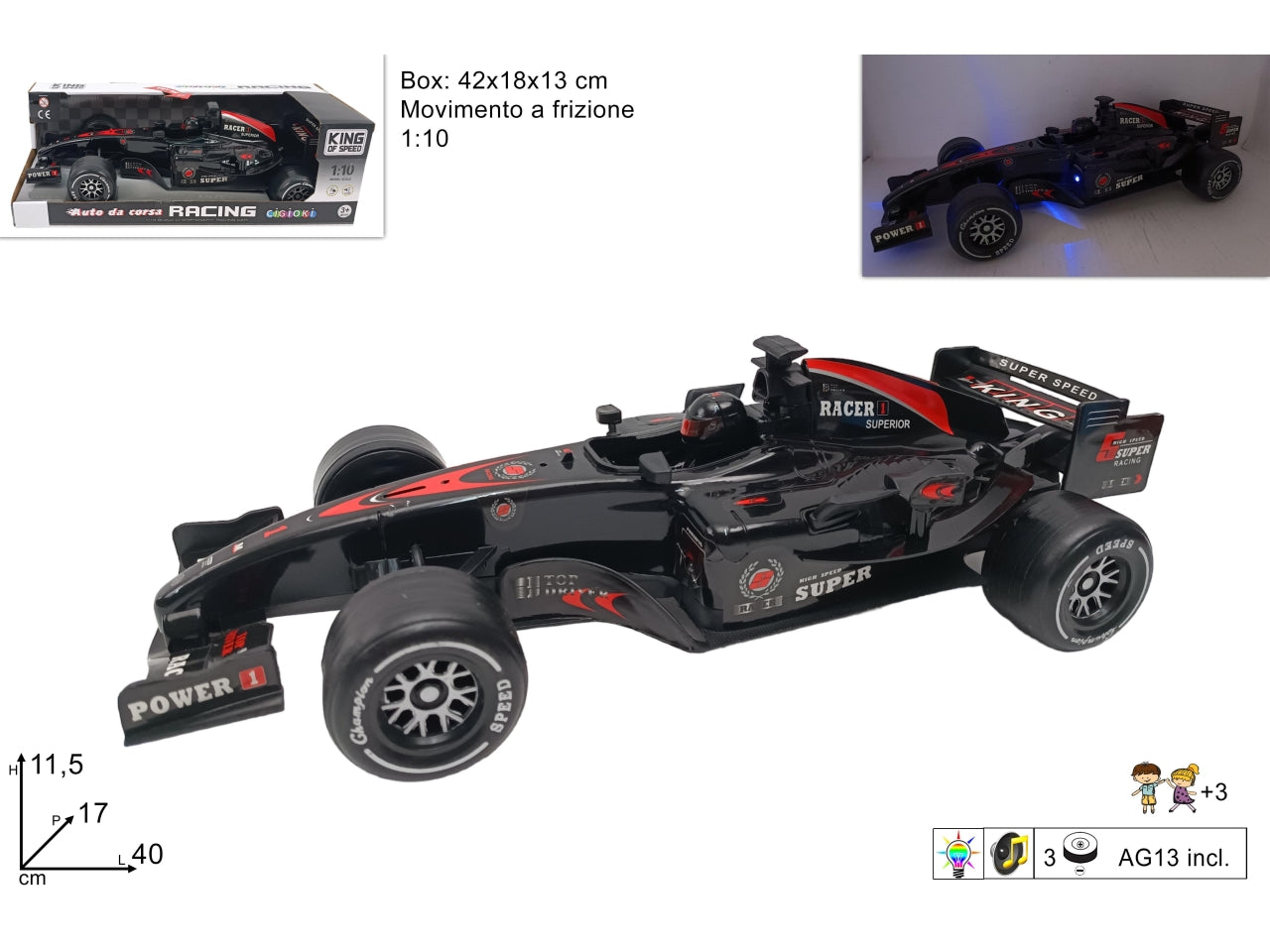 Macchina da corsa scala1:10 con luci e suono a batteria