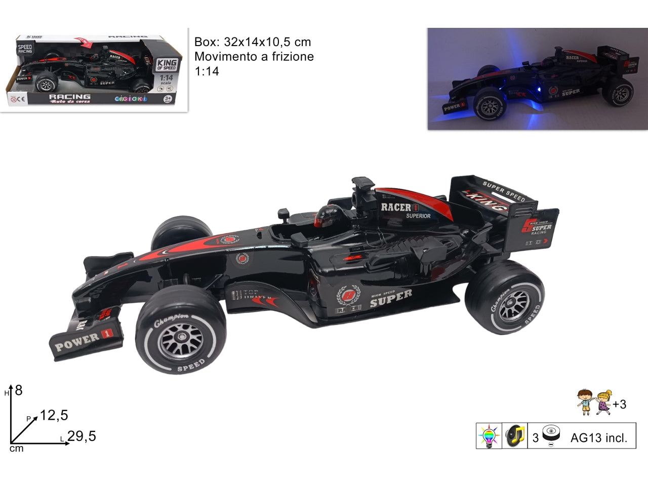 Macchina da corsa scala 1:14 con luci e suono a batteria
