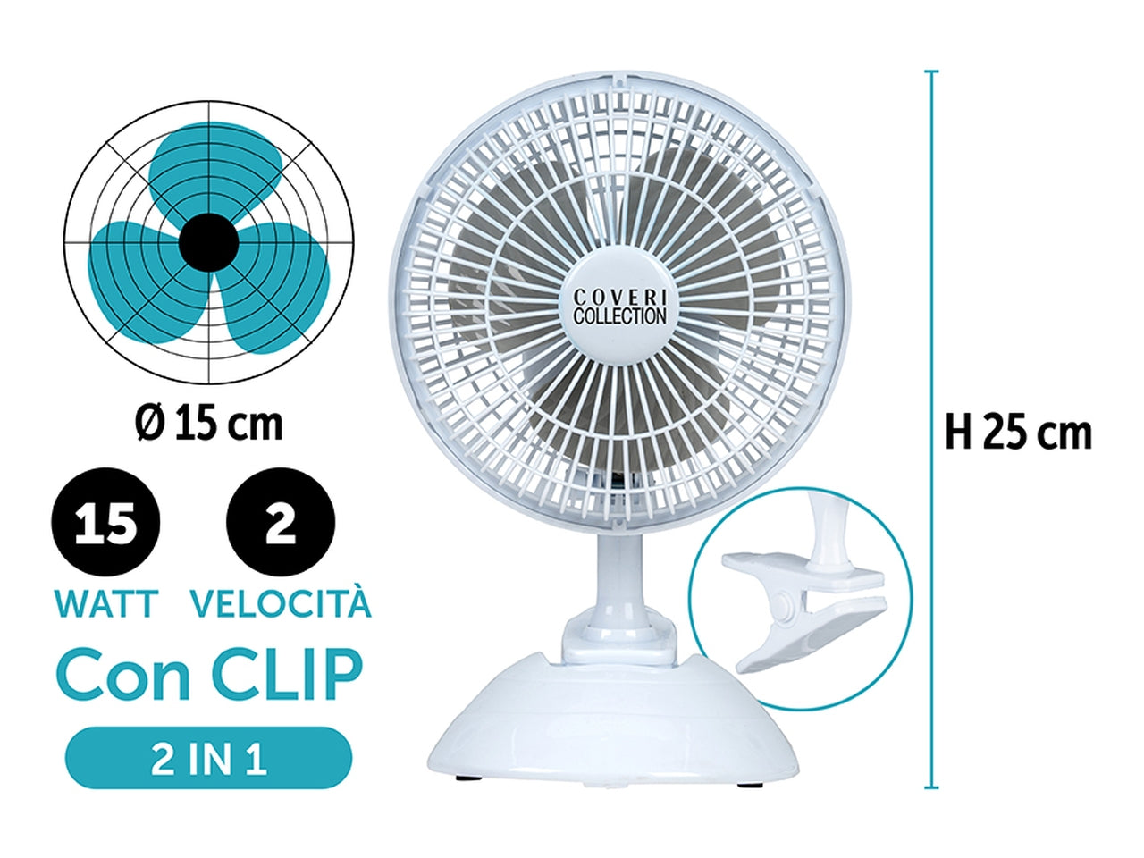 Ventilatore da tavolo 15w d15cm bianco e grigio