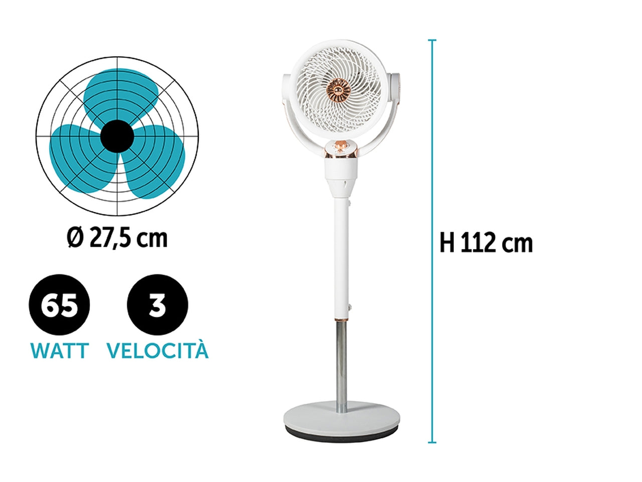 Ventilatore piantana 65w 3 velocità 27x32x112 bianco