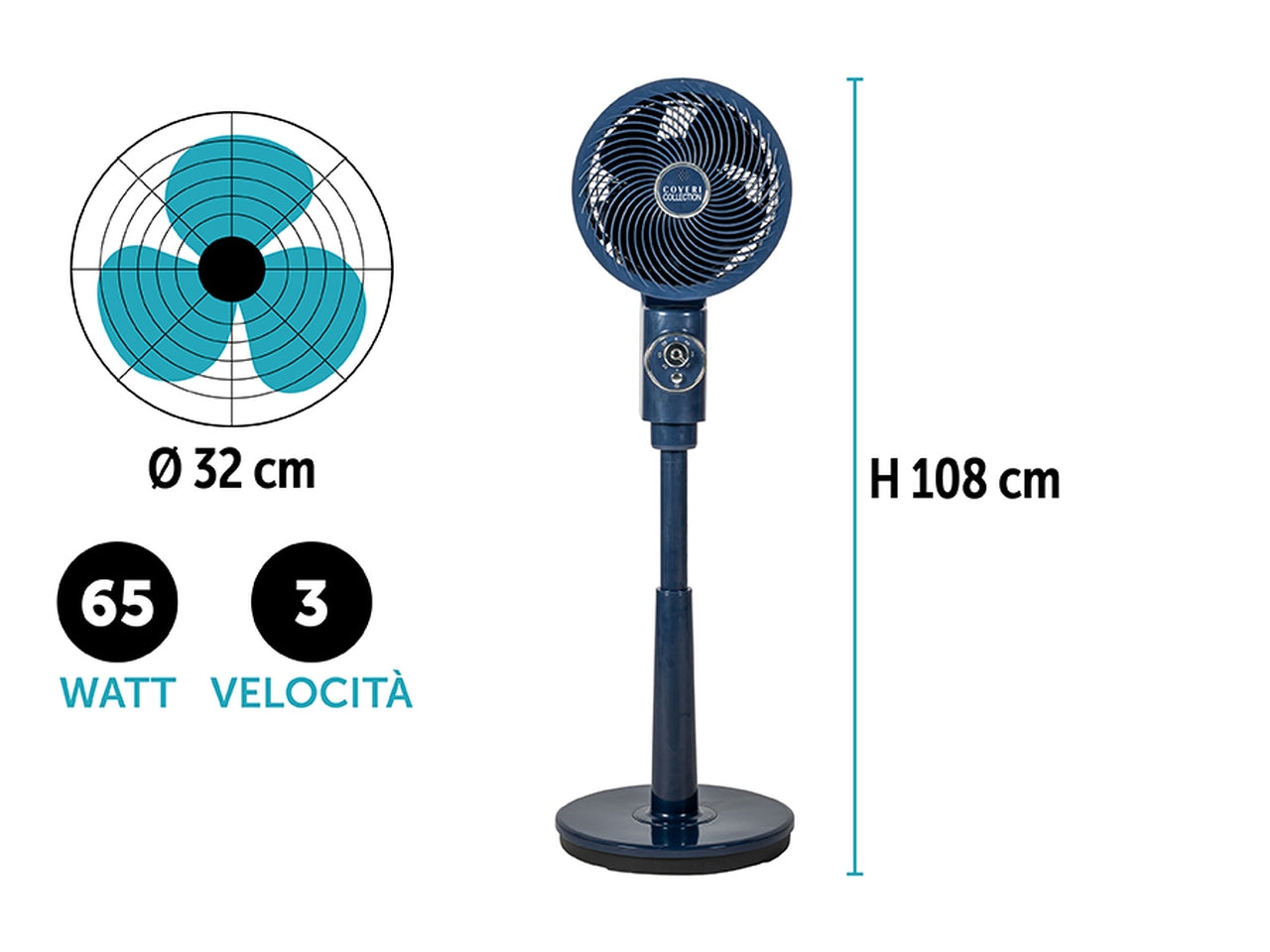 Ventilatore piantana 65w 3 velocità d.32xh.108cm blu