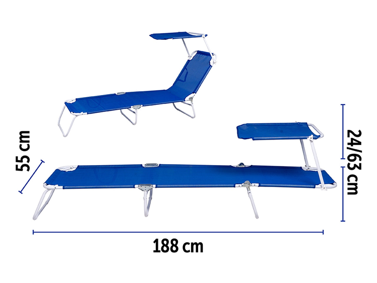 Lettino c/parasole acciaio/textilene 188x55x24cm blu