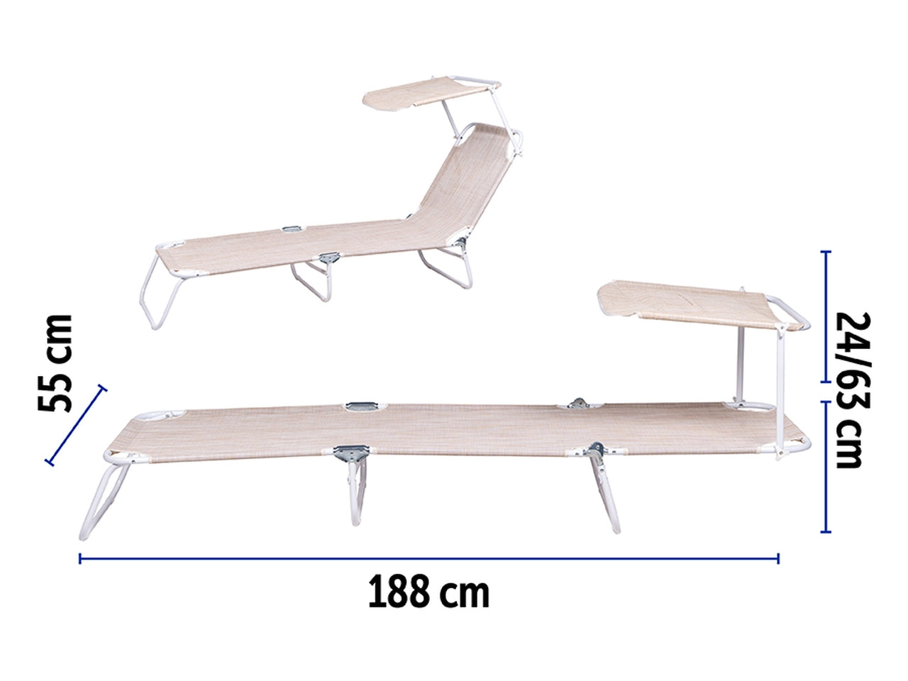 Lettino c/parasole acciaio/textilene 188x55x24cm beige