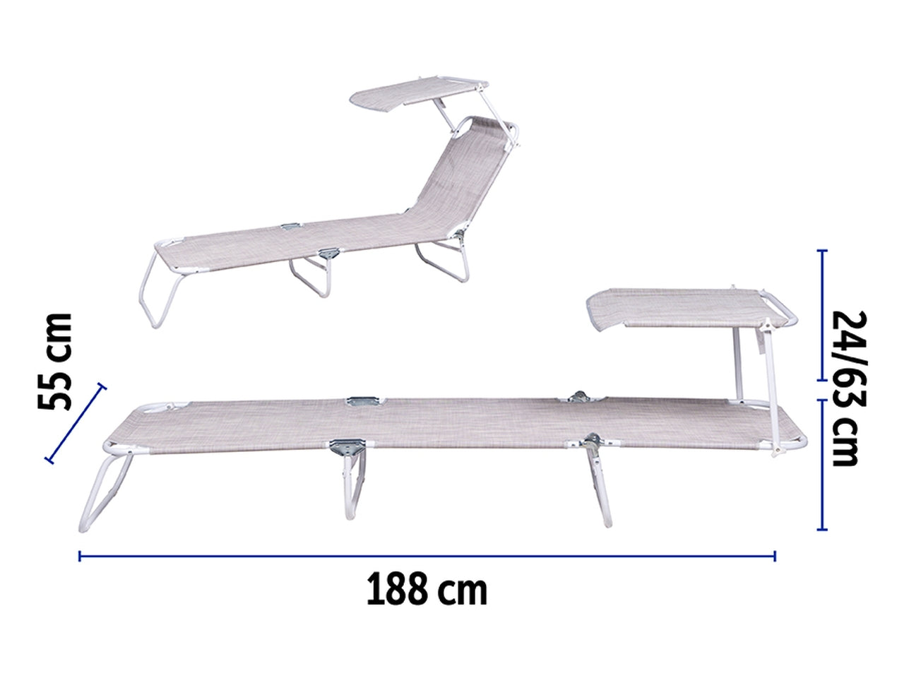 Lettino c/parasole acciaio/textilene 188x55x24cm grigio