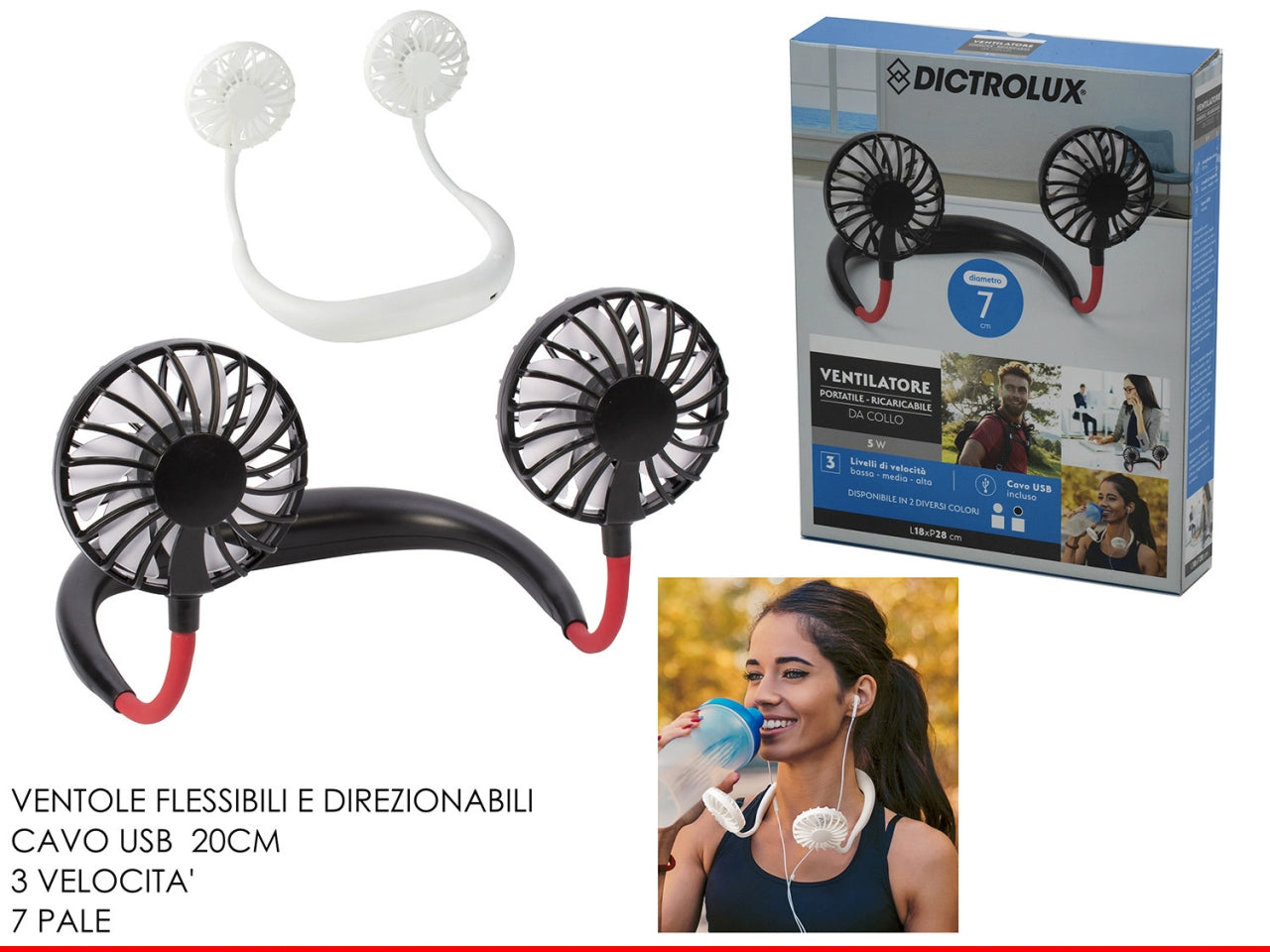 Ventilatore da collo con ventole flessibili a 3 velocità ricaricabile usb in 2 colori assortiti