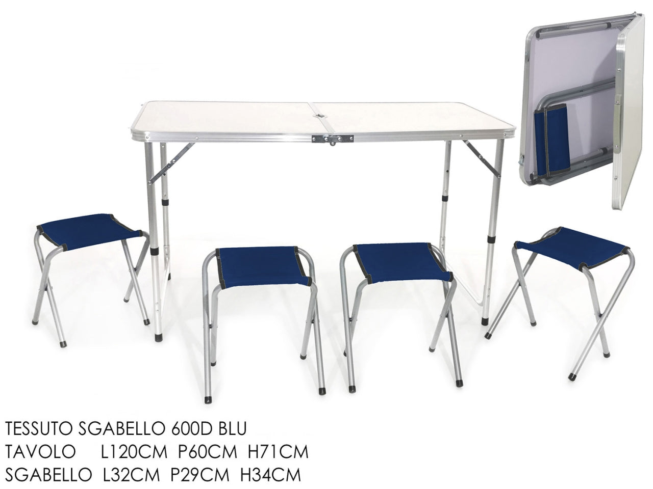 Tavolo campeggio richiudibile 120x60xh.71cm con 4 sgabelli
