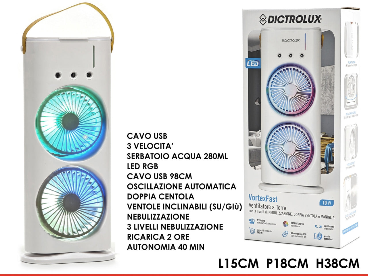 Ventilatore a colonna Vortex Fast 15x18xh.38cm con nebulizzazione e doppia ventola, ricaricabile usb