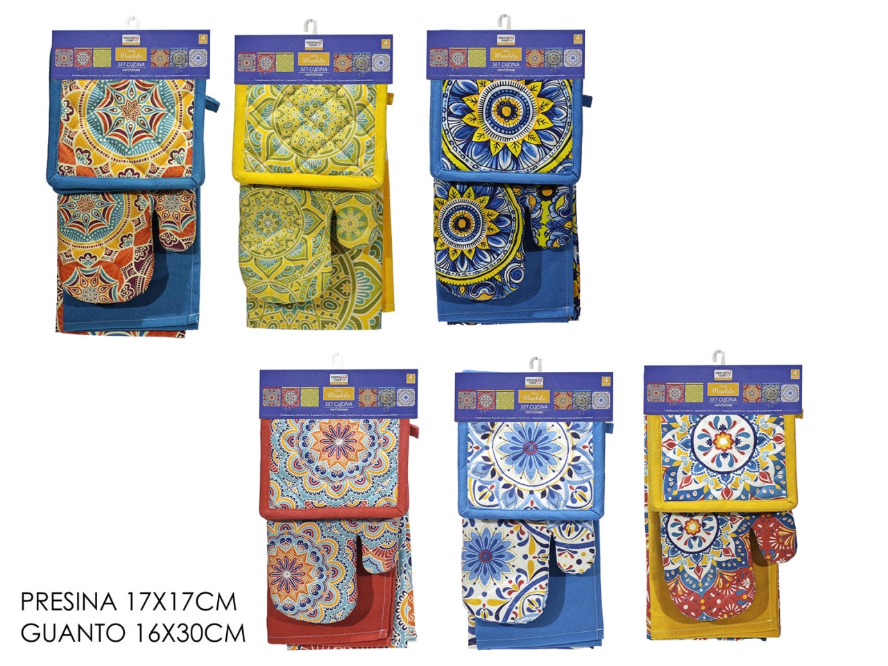 Set strofinaccio con 2presine e guanto decorazione mandala in 6 assortimenti