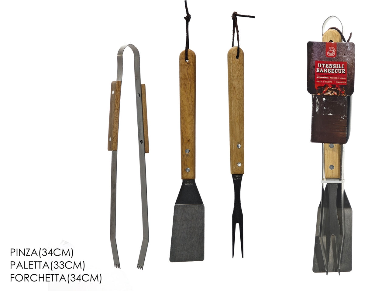 Utensili per barbecue 34cm set da 3 pezzi con manico in legno