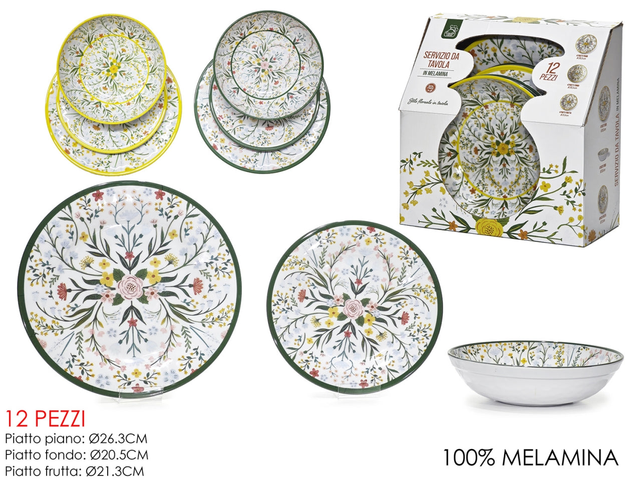 Servizio piatti12 pezzi in melamina decorazione fiori, 2 assortimenti