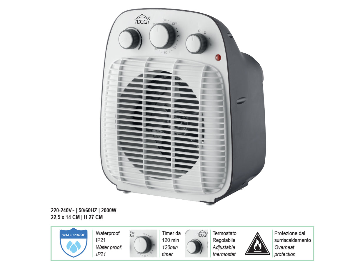 Termoventilatore 2000W 220-240V 50/60HZ, waterproof, misure: 22,5x14xh.27cm.