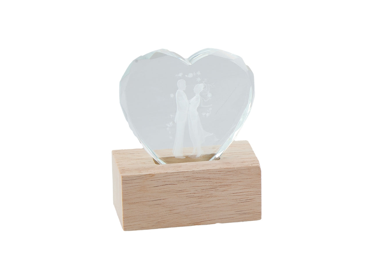 Cuore vetro luminoso con coppia 6cm su base in legno