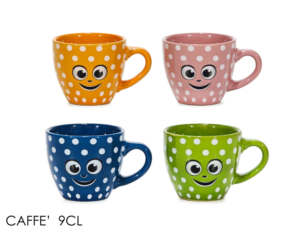 Tazzina da caffè a pois e faccine 9cl, 4 colori assortiti
