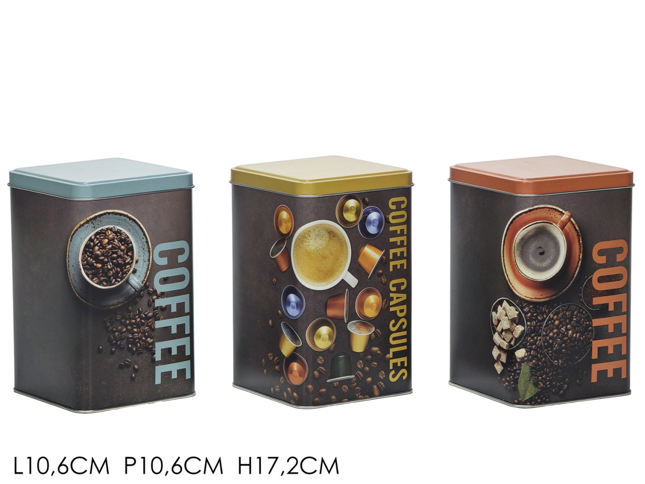 Portacapsule in latta quadrtato decorato 10,6xh.17,2cm in 3 fantasie assortite