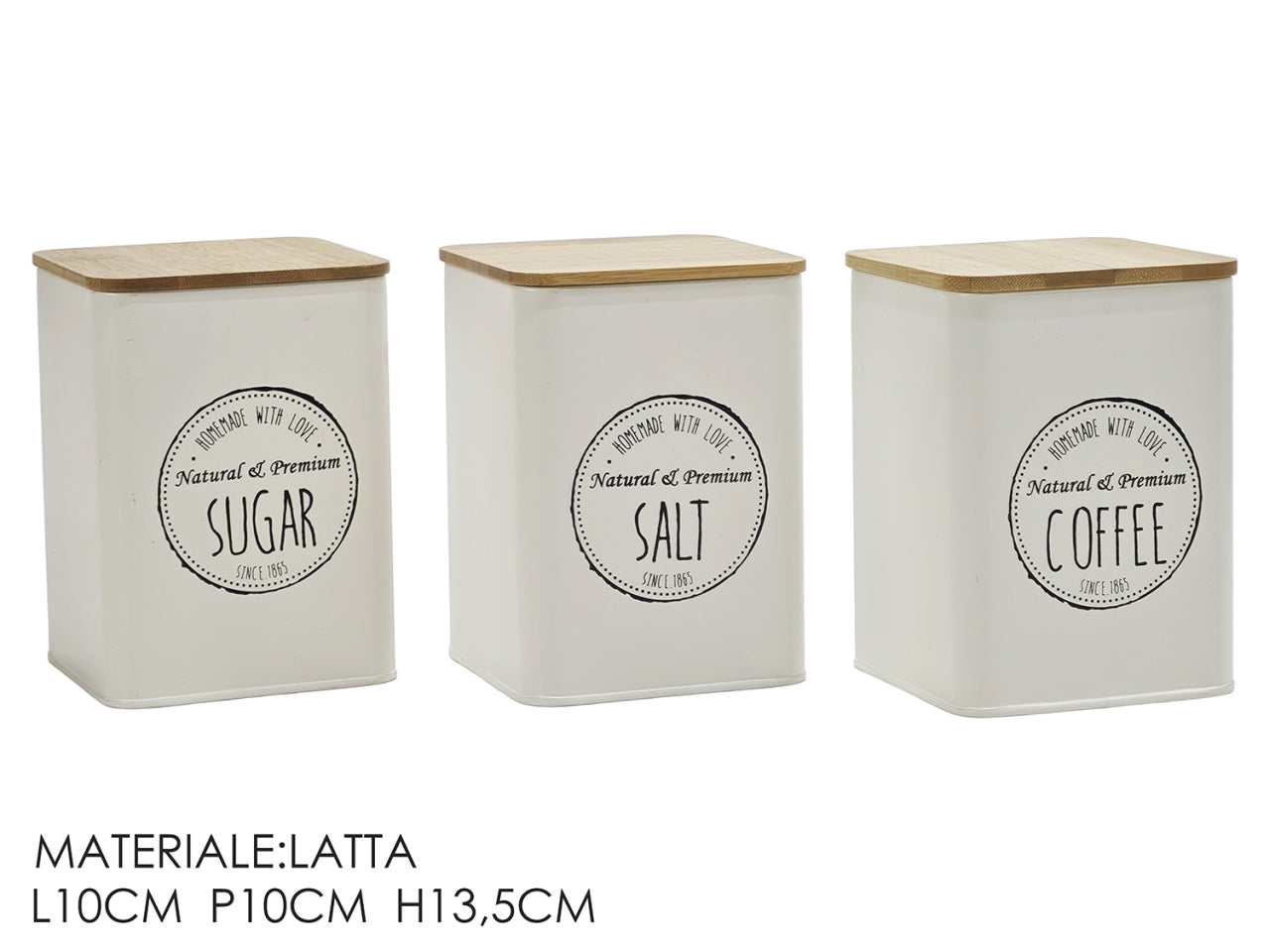 Barattolo in latta con coperchio in bamboo 10x10x13,5cm crema, 3 assortiti