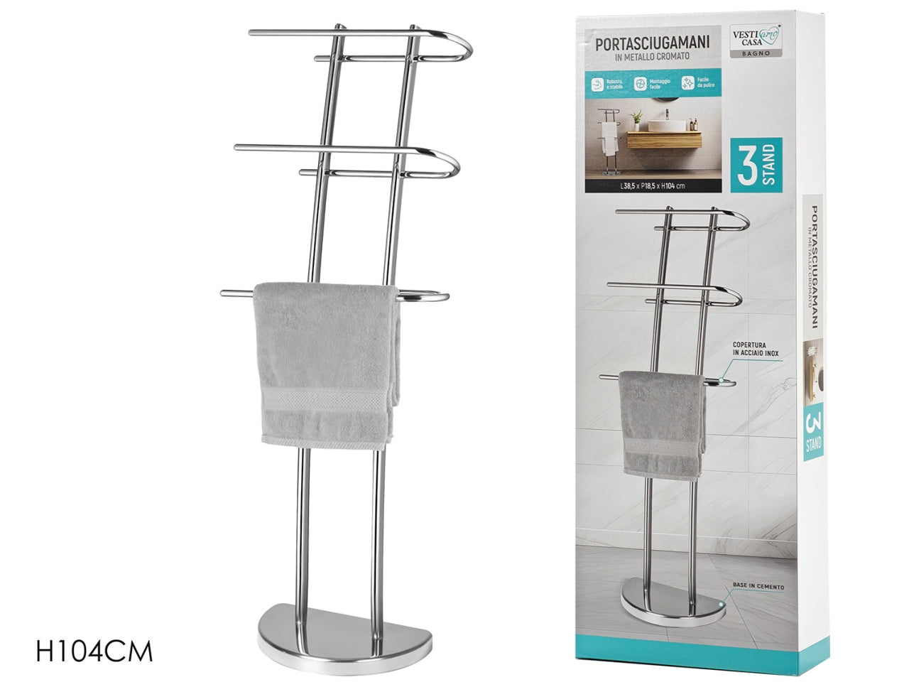 Porta asciugamano in acciaio 3 posti da terra