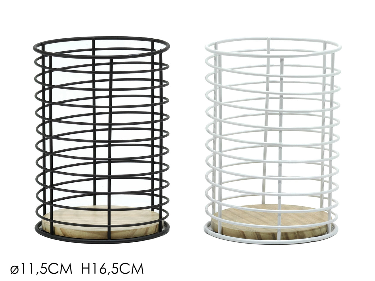 Portautensili in metallo con base legno d.11,5xh16,5cm in 2 colori assortiti