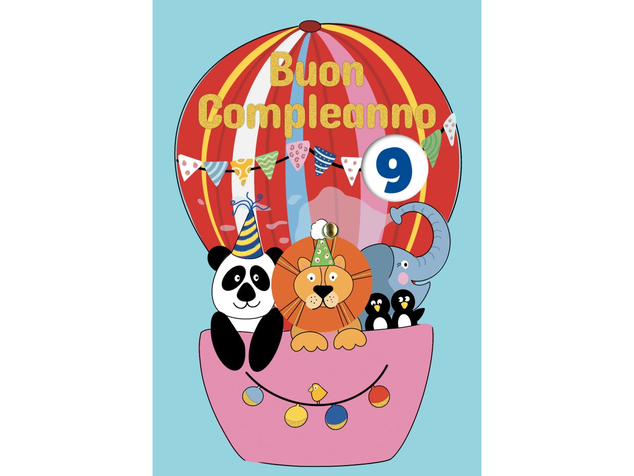 Biglietto buon compleannobimbi con rotella 1-9 anni mongolfiera